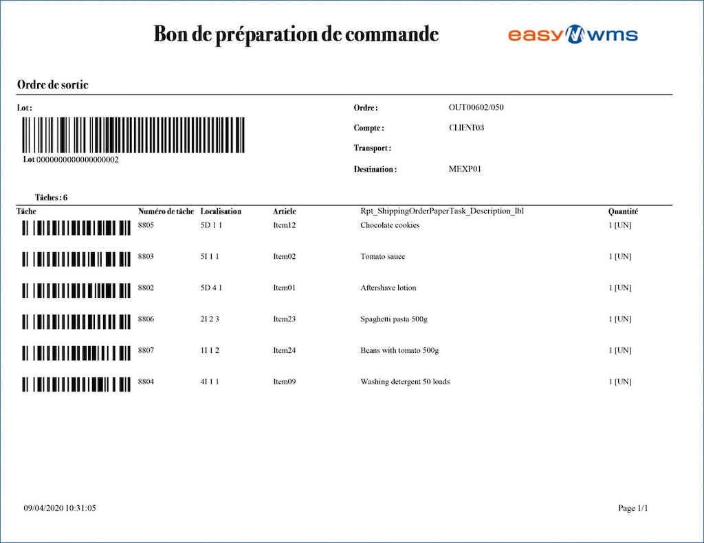 Un exemple de bon de préparation de commande généré par le système de gestion d'entrepôt Easy WMS