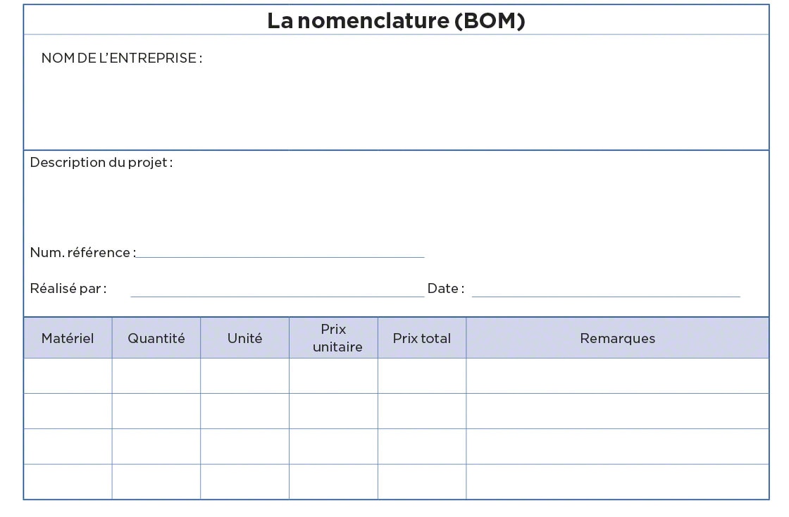 Ce document est un exemple illustrant certains des éléments contenus dans une nomenclature (BOM)