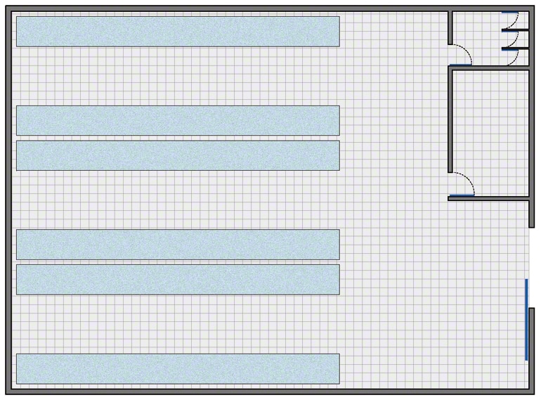 Entrepôt avec l’agencement le plus simple : zone de stockage, zone de gestion, vestiaires et toilettes pour le personnel.